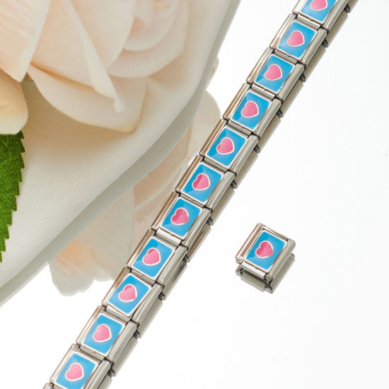 Picture of 1 Piece 304 Stainless Steel Italian Charm Links For DIY Bracelet Jewelry Making Silver Tone Rectangle Heart Enamel 10mm x 9mm