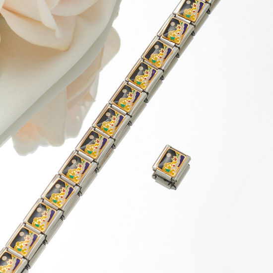 Picture of 1 Piece 304 Stainless Steel Italian Charm Links For DIY Bracelet Jewelry Making Silver Tone Rectangle Enamel 10mm x 9mm