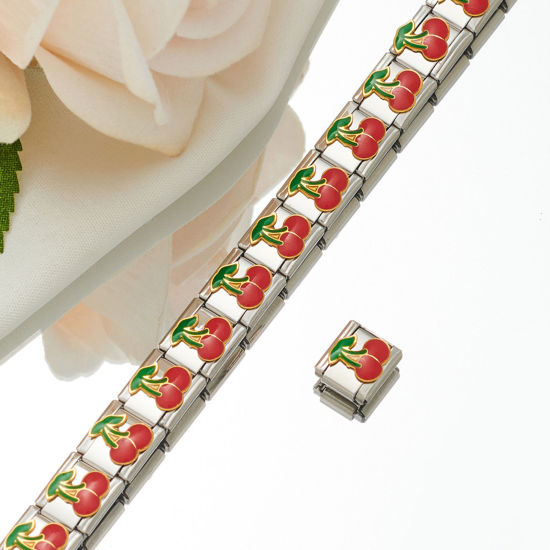 Picture of 1 Piece 304 Stainless Steel Italian Charm Links For DIY Bracelet Jewelry Making Silver Tone Rectangle Cherry Fruit Enamel 10mm x 9mm