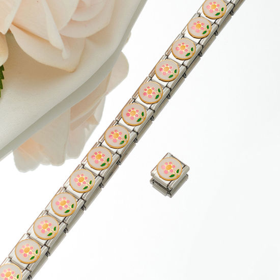 Picture of 1 Piece 304 Stainless Steel Italian Charm Links For DIY Bracelet Jewelry Making Silver Tone Rectangle Flower Enamel 10mm x 9mm