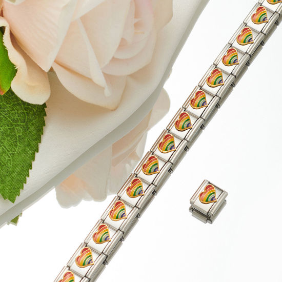Picture of 1 Piece 304 Stainless Steel Italian Charm Links For DIY Bracelet Jewelry Making Silver Tone Rectangle Heart Enamel 10mm x 9mm