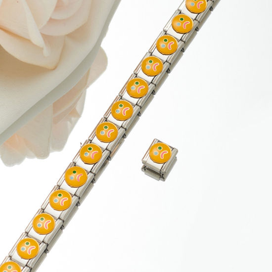 Picture of 1 Piece 304 Stainless Steel Italian Charm Links For DIY Bracelet Jewelry Making Silver Tone Rectangle Smile Enamel 10mm x 9mm
