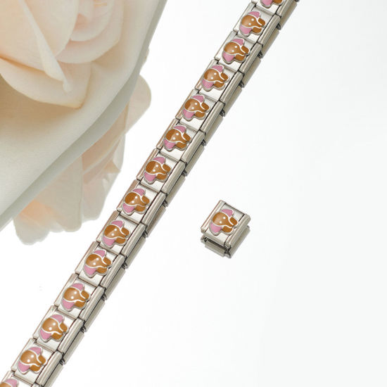 Picture of 1 Piece 304 Stainless Steel Italian Charm Links For DIY Bracelet Jewelry Making Silver Tone Rectangle Elephant Enamel 10mm x 9mm