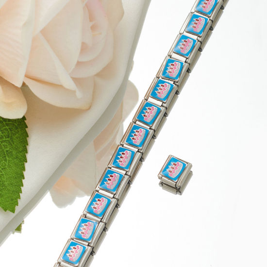 Picture of 1 Piece 304 Stainless Steel Italian Charm Links For DIY Bracelet Jewelry Making Silver Tone Rectangle Cake Enamel 10mm x 9mm