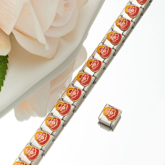 Picture of 1 Piece 304 Stainless Steel Italian Charm Links For DIY Bracelet Jewelry Making Silver Tone Rectangle Lock Enamel 10mm x 9mm