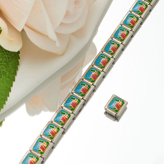 Picture of 1 Piece 304 Stainless Steel Italian Charm Links For DIY Bracelet Jewelry Making Silver Tone Rectangle Enamel 10mm x 9mm