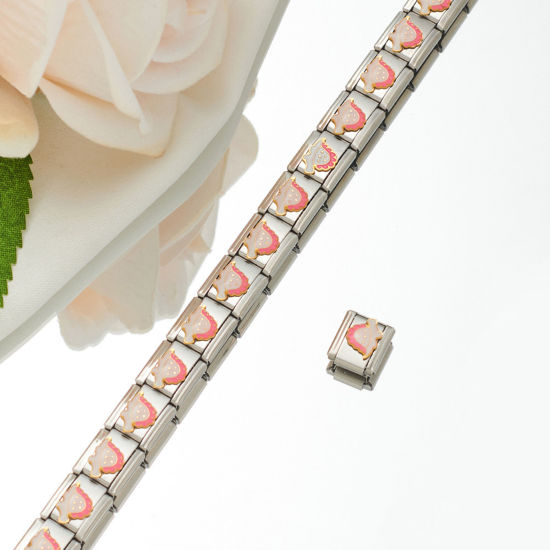 Picture of 1 Piece 304 Stainless Steel Italian Charm Links For DIY Bracelet Jewelry Making Silver Tone Rectangle Tortoise Enamel 10mm x 9mm
