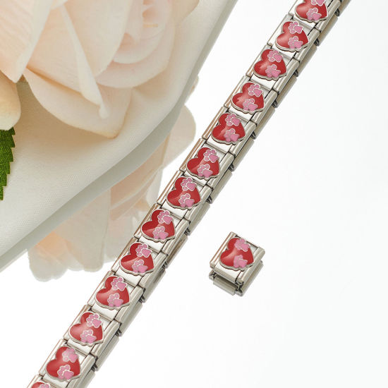 Picture of 1 Piece 304 Stainless Steel Italian Charm Links For DIY Bracelet Jewelry Making Silver Tone Rectangle Footprint Enamel 10mm x 9mm
