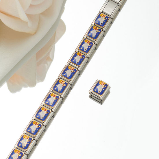 Picture of 1 Piece 304 Stainless Steel Italian Charm Links For DIY Bracelet Jewelry Making Silver Tone Rectangle Shark Enamel 10mm x 9mm