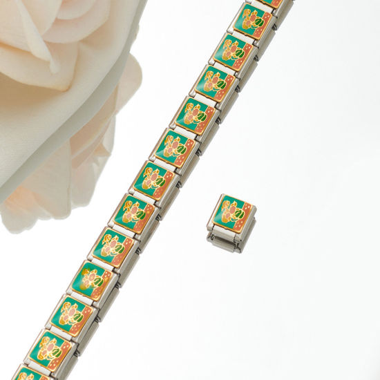 Picture of 1 Piece 304 Stainless Steel Italian Charm Links For DIY Bracelet Jewelry Making Silver Tone Rectangle Pot Plant Enamel 10mm x 9mm