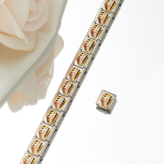 Picture of 1 Piece 304 Stainless Steel Italian Charm Links For DIY Bracelet Jewelry Making Silver Tone Rectangle Carriage Enamel 10mm x 9mm