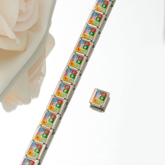 Picture of 1 Piece 304 Stainless Steel Italian Charm Links For DIY Bracelet Jewelry Making Silver Tone Rectangle Heart Enamel 10mm x 9mm