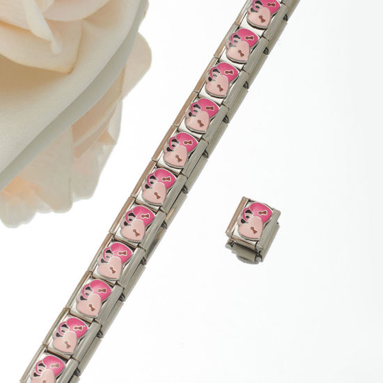 Picture of 1 Piece 304 Stainless Steel Italian Charm Links For DIY Bracelet Jewelry Making Silver Tone Rectangle Lock Enamel 10mm x 9mm