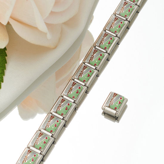 Picture of 1 Piece 304 Stainless Steel Italian Charm Links For DIY Bracelet Jewelry Making Silver Tone Rectangle Enamel 10mm x 9mm