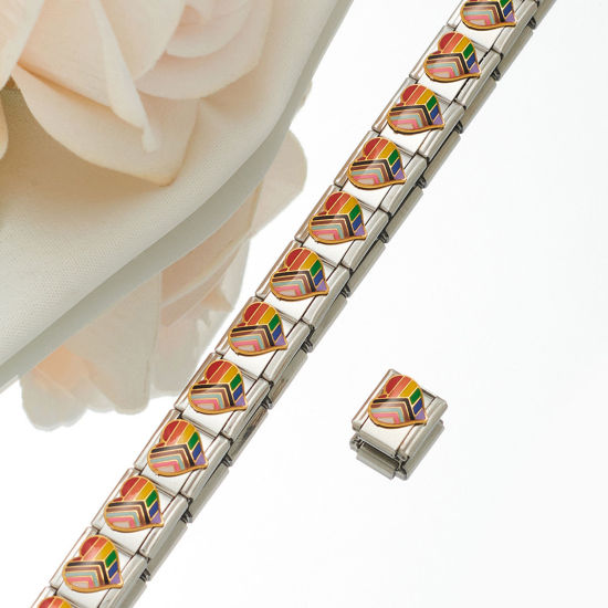Picture of 1 Piece 304 Stainless Steel Italian Charm Links For DIY Bracelet Jewelry Making Silver Tone Rectangle Enamel 10mm x 9mm
