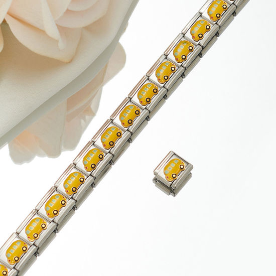 Picture of 1 Piece 304 Stainless Steel Italian Charm Links For DIY Bracelet Jewelry Making Silver Tone Rectangle Car Enamel 10mm x 9mm