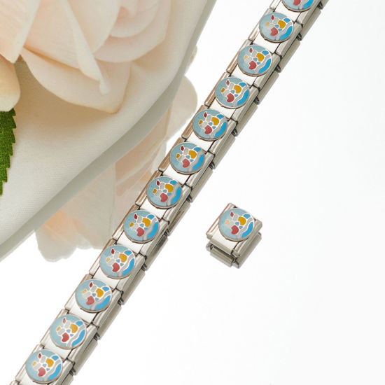 Picture of 1 Piece 304 Stainless Steel Italian Charm Links For DIY Bracelet Jewelry Making Silver Tone Rectangle Christmas Stocking Enamel 10mm x 9mm