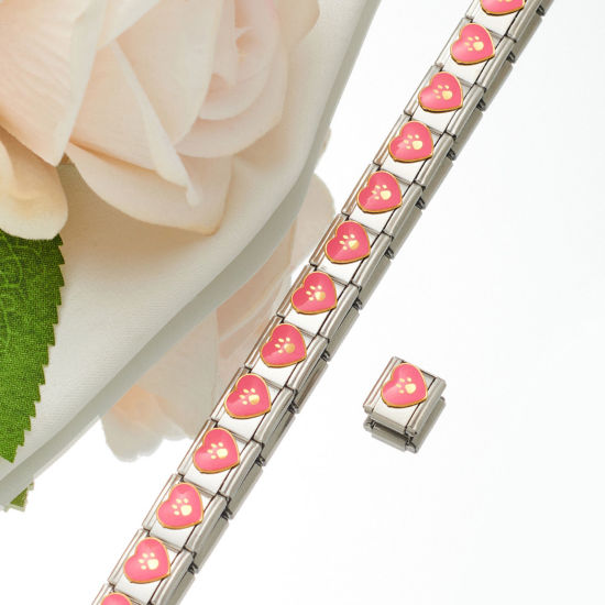 Picture of 1 Piece 304 Stainless Steel Italian Charm Links For DIY Bracelet Jewelry Making Silver Tone Rectangle Footprint Enamel 10mm x 9mm