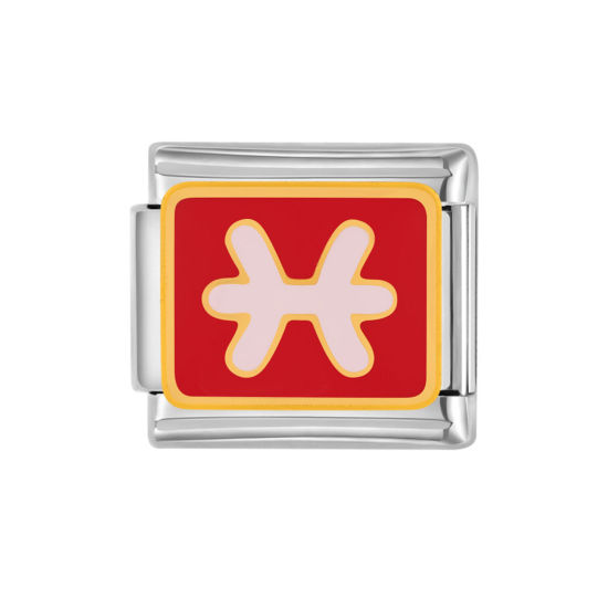 Изображение 1 ШТ 304 Нержавеющая Сталь Очаровательный итальянский браслет со звеньями Изготовление ювелирных изделий своими руками Серебряный Тон Красный Прямоугольник Созвездие Рыбы С Эмалью 10мм x 9мм