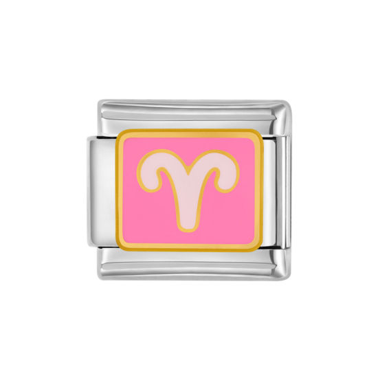 Изображение 1 ШТ 304 Нержавеющая Сталь Очаровательный итальянский браслет со звеньями Изготовление ювелирных изделий своими руками Серебряный Тон Розовый Прямоугольник Созвездие Овен С Эмалью 10мм x 9мм