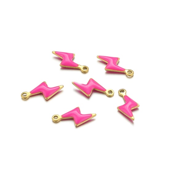 Picture of 10 PCs 304 Stainless Steel Charms Gold Plated Fuchsia Lightning Double-sided Enamelled Sequins 10mm x 5mm