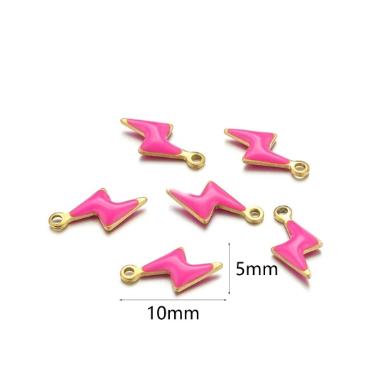 Picture of 10 PCs 304 Stainless Steel Charms Gold Plated Fuchsia Lightning Double-sided Enamelled Sequins 10mm x 5mm