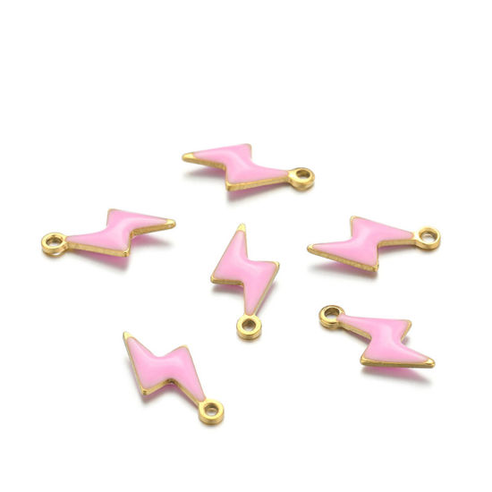 Picture of 10 PCs 304 Stainless Steel Charms Gold Plated Pink Lightning Double-sided Enamelled Sequins 10mm x 5mm
