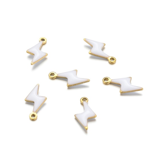 Picture of 10 PCs 304 Stainless Steel Charms Gold Plated White Lightning Double-sided Enamelled Sequins 10mm x 5mm