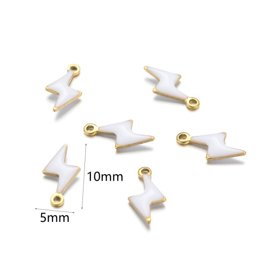 Picture of 10 PCs 304 Stainless Steel Charms Gold Plated White Lightning Double-sided Enamelled Sequins 10mm x 5mm