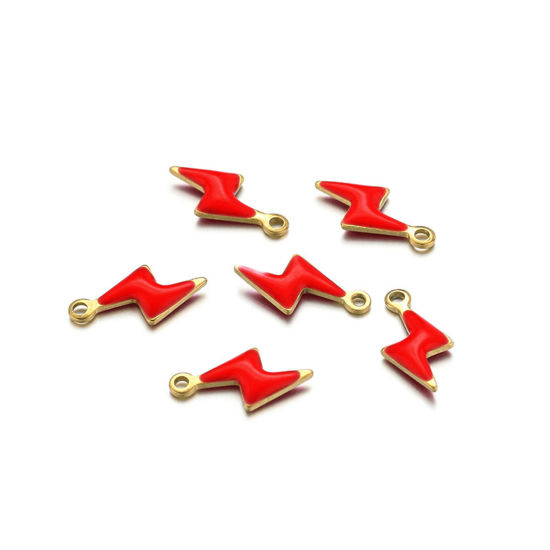 Picture of 10 PCs 304 Stainless Steel Charms Gold Plated Red Lightning Double-sided Enamelled Sequins 10mm x 5mm
