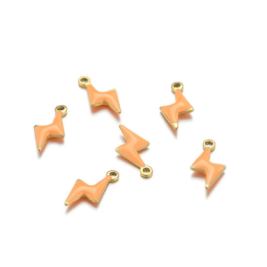Picture of 10 PCs 304 Stainless Steel Charms Gold Plated Orange Lightning Double-sided Enamelled Sequins 10mm x 5mm