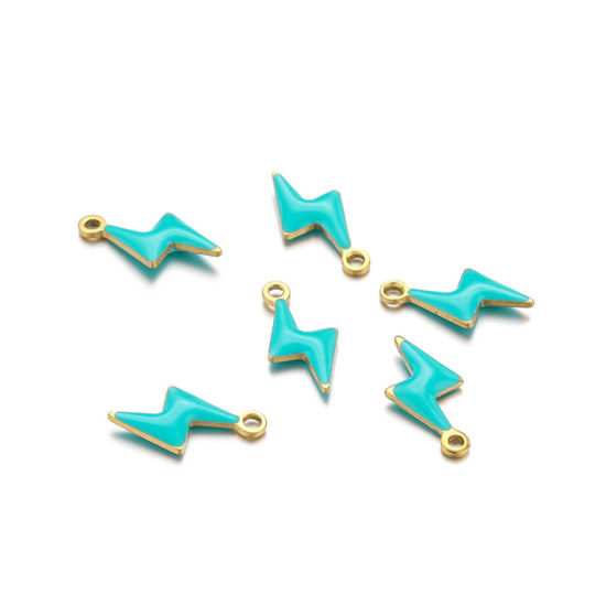 Picture of 10 PCs 304 Stainless Steel Charms Gold Plated Green Blue Lightning Double-sided Enamelled Sequins 10mm x 5mm