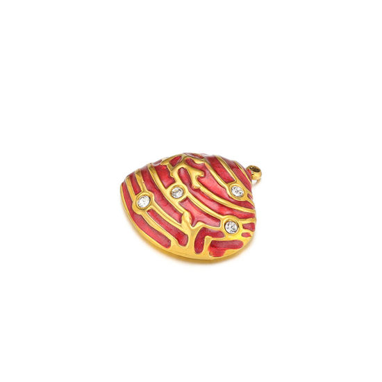 Image de 1 Pièce Breloques en 304 Acier Inoxydable Placage sous Vide Coquille Doré Rouge Émail à Strass Transparent 20mm x 19mm