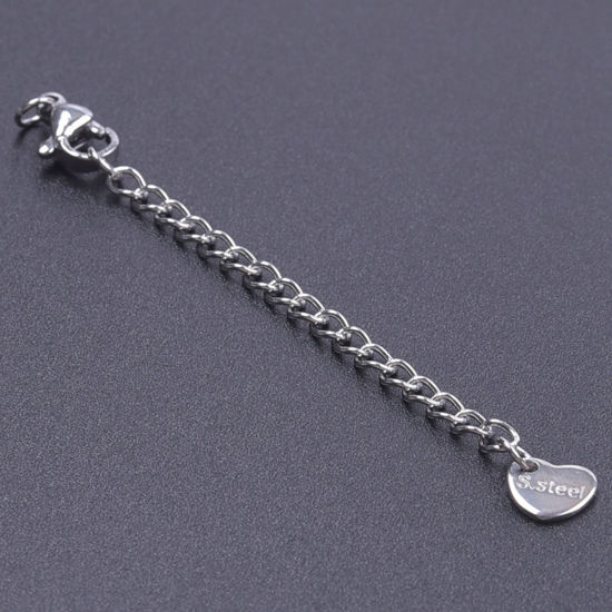 Picture of 5 PCs 304 Stainless Steel Extender Chain For Necklace Bracelet Jewelry Making Silver Tone With Lobster Claw Clasp 7cm(2 6/8") long, Usable Chain Length: 5cm(2")