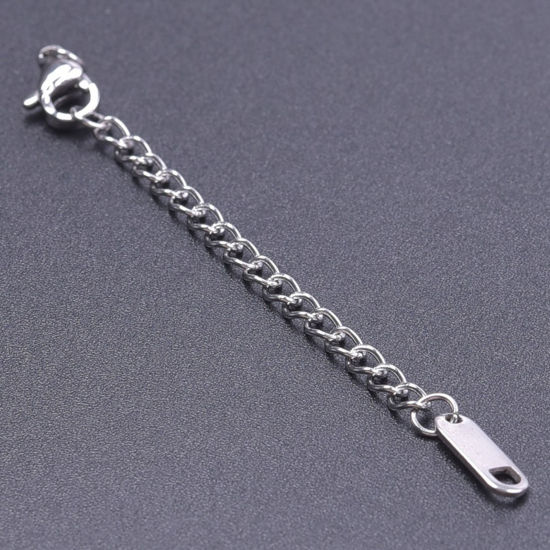 Picture of 5 PCs 304 Stainless Steel Extender Chain For Necklace Bracelet Jewelry Making Silver Tone With Lobster Claw Clasp 7.5cm(3") long, Usable Chain Length: 5cm(2")