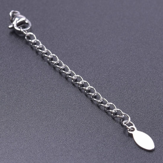 Picture of 5 PCs 304 Stainless Steel Extender Chain For Necklace Bracelet Jewelry Making Silver Tone With Lobster Claw Clasp 7.5cm(3") long, Usable Chain Length: 5cm(2")