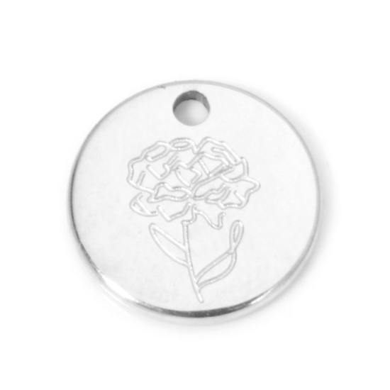 Picture of 2 PCs 304 Stainless Steel Birth Month Flower Charms Silver Tone Round Carnation Flower 12mm Dia.