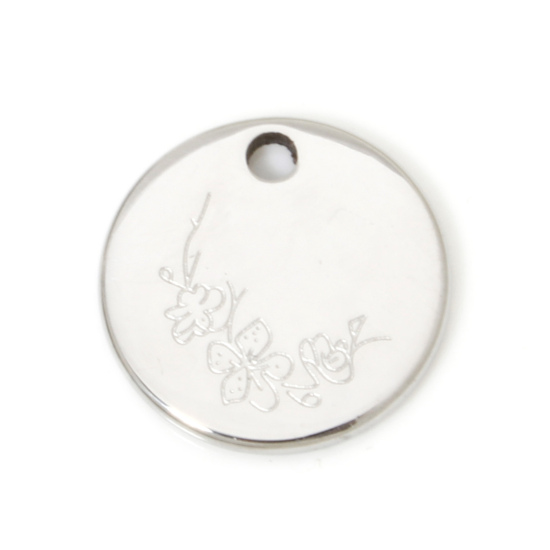 Picture of 2 PCs 304 Stainless Steel Birth Month Flower Charms Silver Tone Round Cherry Blossom Sakura Flower 12mm Dia.