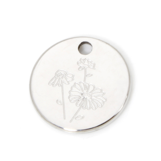 Picture of 2 PCs 304 Stainless Steel Birth Month Flower Charms Silver Tone Round Daisy Flower 12mm Dia.