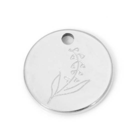 Picture of 2 PCs 304 Stainless Steel Birth Month Flower Charms Silver Tone Round Lily Of The Valley Flower 12mm Dia.