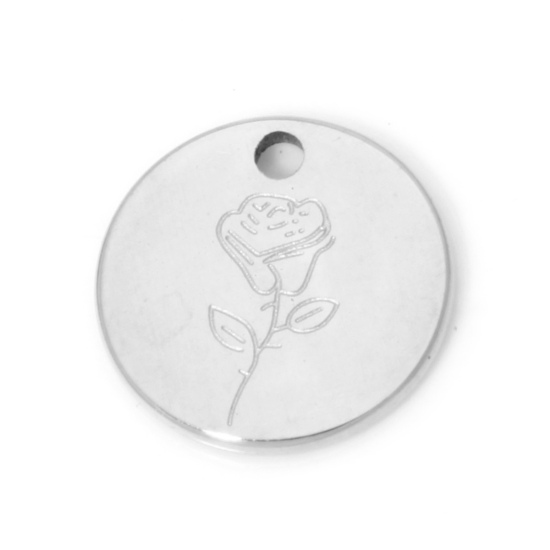 Picture of 2 PCs 304 Stainless Steel Birth Month Flower Charms Silver Tone Round Rose Flower 12mm Dia.