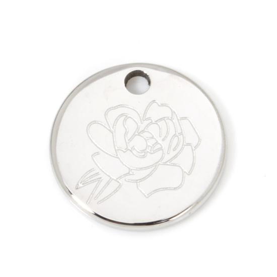 Picture of 2 PCs 304 Stainless Steel Birth Month Flower Charms Silver Tone Round Peony Flower 12mm Dia.