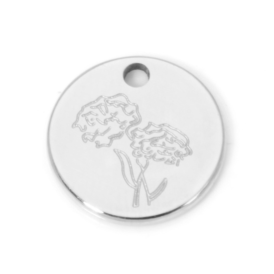 Picture of 2 PCs 304 Stainless Steel Birth Month Flower Charms Silver Tone Round Marigold Flower 12mm Dia.