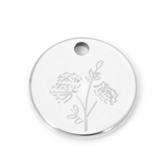 Picture of 2 PCs 304 Stainless Steel Birth Month Flower Charms Silver Tone Round Chrysanthemum Flower 12mm Dia.