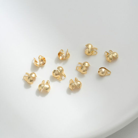 Picture of 10 PCs Eco-friendly Brass Bead Tips (Knot Cover) Connector For Ball Chain Calotte Crimp End Cap DIY Jewelry Making Supplies 14K Real Gold Plated 6mm x 4mm