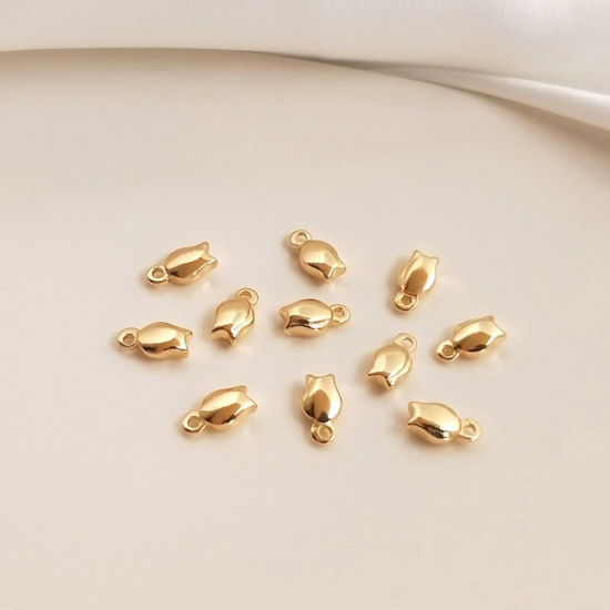 Picture of 10 PCs Eco-friendly Brass Charms Extender Chain Ends Flower Bud 14K Real Gold Plated 7.5mm x 4mm