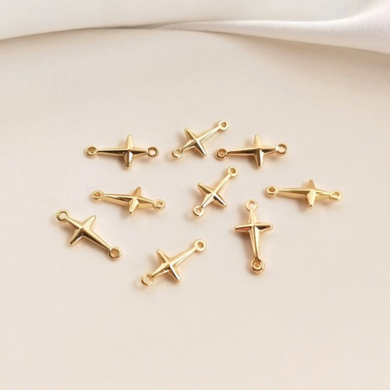 Picture of 10 PCs Eco-friendly Brass Charms Extender Chain Ends Star 14K Real Gold Plated 13.5mm x 6.5mm