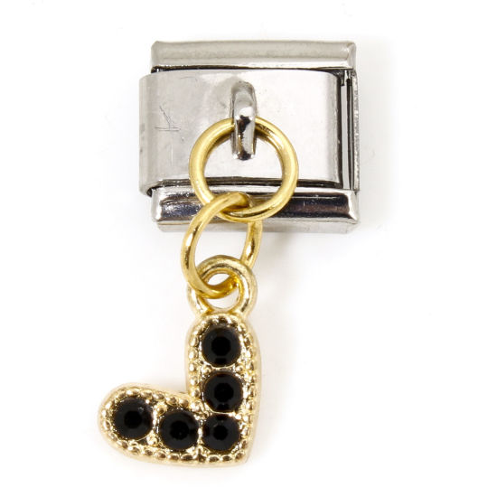 Immagine di 1 Pz Lega di Zinco & Acciaio Inossidabile Bracciale con Charm Italiano a Maglie, Creazione di Gioielli Fai-da-te Oro Placcato & Tono Argento Rettangolo Cuore Nero Strass 10mm x 9mm