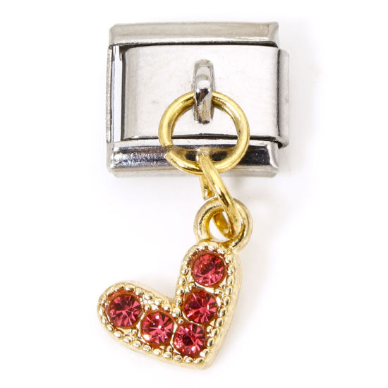 Immagine di 1 Pz Lega di Zinco & Acciaio Inossidabile Bracciale con Charm Italiano a Maglie, Creazione di Gioielli Fai-da-te Oro Placcato & Tono Argento Rettangolo Cuore Rosso Prugna Strass 10mm x 9mm