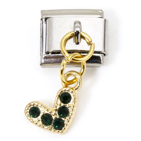 Immagine di 1 Pz Lega di Zinco & Acciaio Inossidabile Bracciale con Charm Italiano a Maglie, Creazione di Gioielli Fai-da-te Oro Placcato & Tono Argento Rettangolo Cuore Verde Scuro Strass 10mm x 9mm